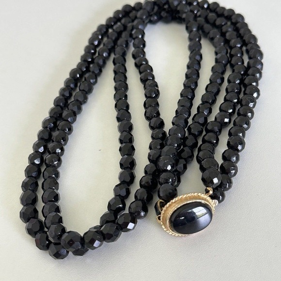 Antique Vintage Black Jet Faceted Bead Double Strand Long Statement Necklace 30" - Picture 2 of 12